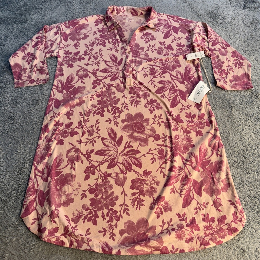 Haven Well Within Womens Floral Sleep Shirt Size M Pink 100% Cotton Henley